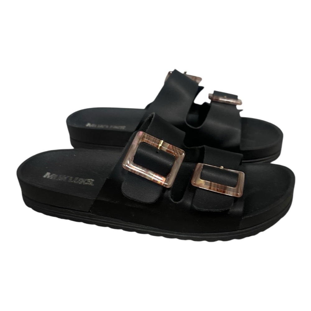 Black Slide Sandals with Rose Gold Buckles - Picture 3 of 16